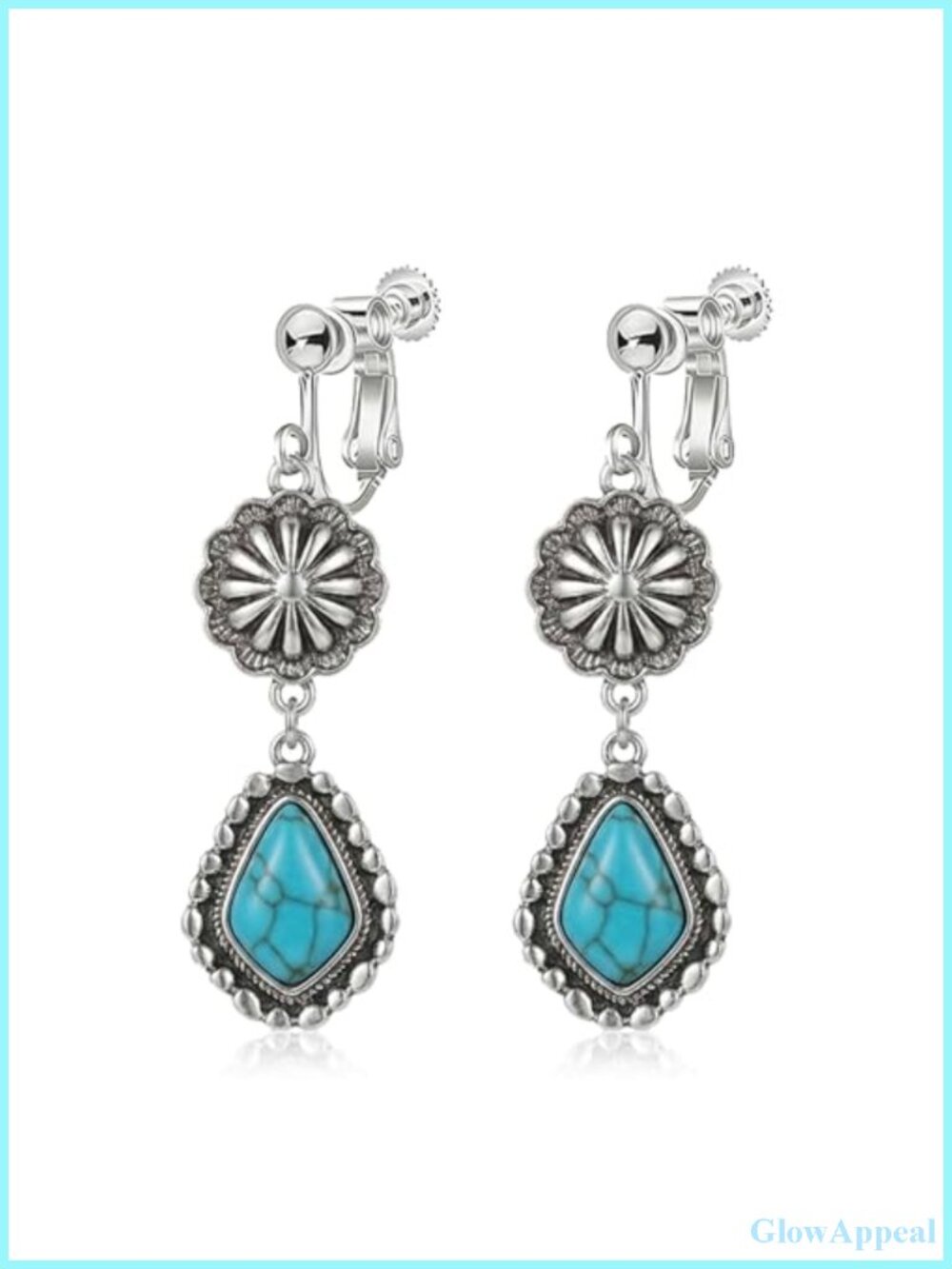 Bohemian Turquoise Clip On Earrings for Women Handmade Sterling Silver Feather
